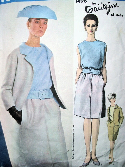 1960s CHIC 3pc Suit Pattern Designer GALITZINE VOGUE Couturier Design 1496 Bust 31 Vintage Sewing Pattern