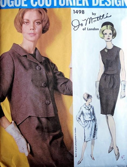 1960s CLASSY Jo Mattli Slim Dress and Jacket Pattern VOGUE COUTURIER DESIGN 1498 Elegant Day or Cocktail Party Evening Dress Bust 32 Vintage Sewing Pattern