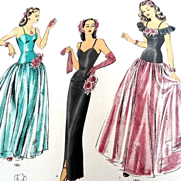 1940s Beautiful Evening Gown and Cape Pattern Hollywood 1501 Full Dancing Skirt or Slinky Film Noir Slim Dress Choice of 2 Necklines Bust 32 Vintage Sewing Pattern