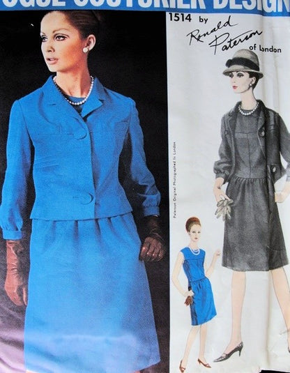 1960s Stylish Ronald Paterson Dress and Jacket Pattern Easy Day or After 5  Style Vogue Couturier Design 1514 Vintage Sewing Pattern Bust 32 UNCUT With Vogue Sew In Label