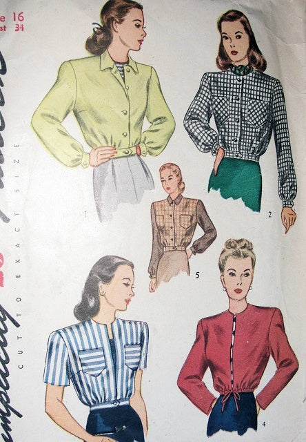 1940s  FABULOUS Jackets Pattern SIMPLICITY 1535 Lauren Bacall Style Battle Jacket in 5 Versions Drawstring or Button At Waist Bust 32 Vintage Sewing Pattern
