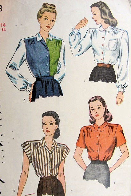 1940s Vintage Blouse Pattern SIMPLICITY 1538 Four Lovely Tuck In Versions Very Katharine Hepburn Style Bust  32 or 34 Vintage Sewing Pattern