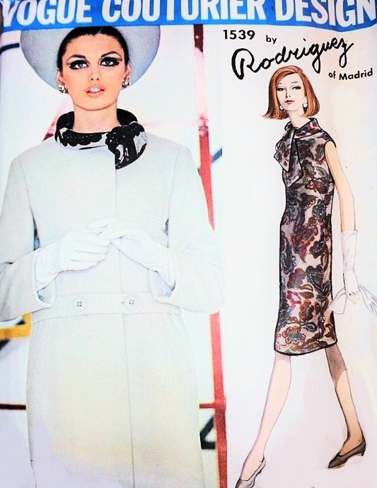 1960s Elegant RODRIGUEZ Dress and Coat Pattern VOGUE COUTURIER 1539 Design Lovely Coat style Slim Dress  Day or Evening B 32 Vintage Sewing Pattern Sew In Vogue Label