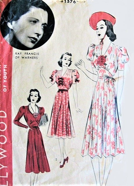 1930s LOVELY V NECKLINE DRESS PATTERN HOLLYWOOD MOVIE STAR KAY FRANCIS