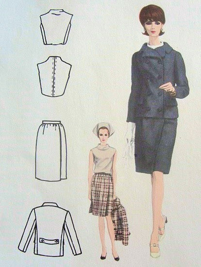 1960s NINA RICCI Mod Suit and Blouse Pattern VOGUE Paris Original 1581 Longer Double Breasted Jacket, Slim Wrap Style Skirt, Bias Overblouse Bust 31 Vintage Sewing Pattern  UNCUT + Sew in Label