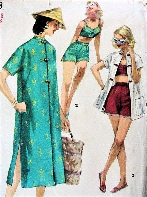 1950s FABULOUS Beach Wear Pattern SIMPLICITY 1608 Swimsuit or Playsuit ,Beach Cover Up or Beach Coat in 2 Lengths Bust 30 Vintage Sewing Pattern