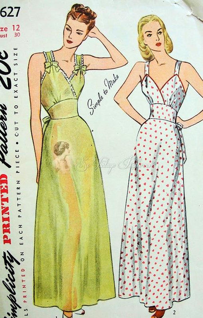 1940s PIN UP Style Nightgowns Lingerie Pattern SIMPLICITY 1627 Glam Surplice Bodice Figure Flattering Bias Cut Vintage Sewing Pattern Bust 34