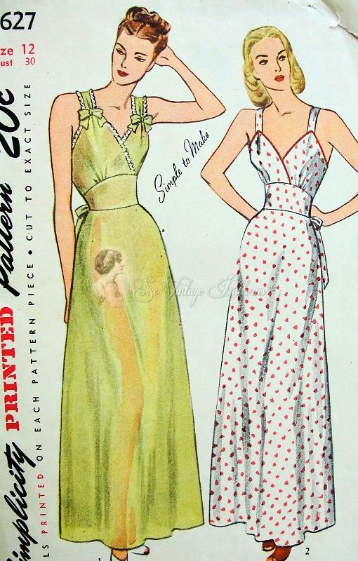 1940s PIN UP Style Nightgowns Lingerie Pattern SIMPLICITY 1627 Glam Surplice Bodice Figure Flattering Bias Cut Vintage Sewing Pattern Bust 34