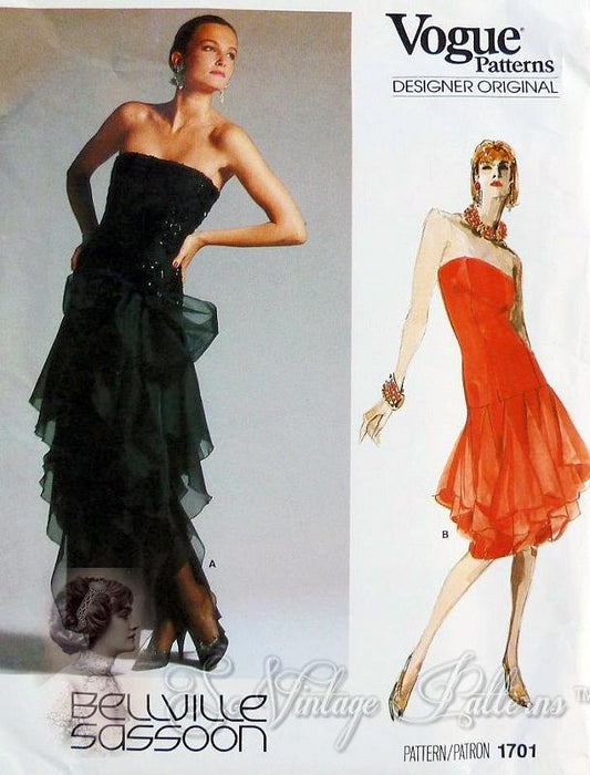 1980s Vintage Bellville Sassoon Evening Gown Cocktail Dress Pattern Strapless Long Torso Flounced Ruffled Skirt Pure Glam Vogue 1701 Designer Original Pattern UNCUT Bust 31.5