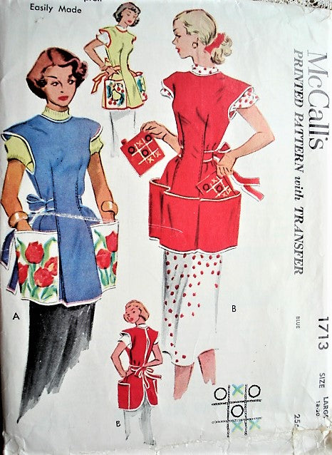 1950s Apron and Pot Holder Pattern McCalls 1713 Cute Cobbler Styles Includes Iron on Transfers Size Large Vintage Sewing Pattern