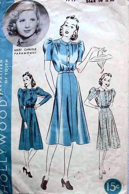 1930s HOLLYWOOD PATTERN 1717 LOVELY DRESS With PUFF SLEEVES FLARED SKIRT FEATURES MOVIE STAR MARY CARLISLE