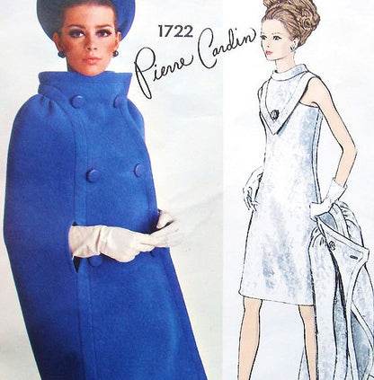 1960s Stunning PIERRE CARDIN Cocktail Party Dress and Cape Coat Pattern VOGUE PARIS Original 1722 Unique V Shape Plastron With Standing Collar Mod Dress Bust 31 Vintage Sewing Pattern Factory Folded