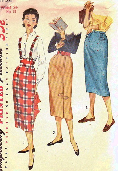 1950s FABULOUS  Slim Skirts Pattern  SIMPLICITY 1732 Three Styles, High Rise Shaped Waistline and Suspenders Waist 24 Vintage Sewing Pattern
