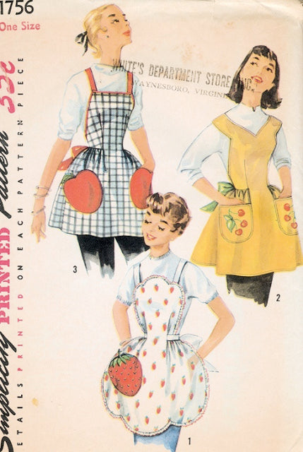 1950s  PRETTY Set of Aprons Pattern SIMPLICITY 1756 FRUIT  Pockets, 3 cute Full Style Aprons, One Size, Vintage Sewing Pattern FF