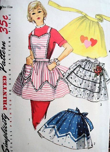 1950s PRETTY Set of Aprons Pattern SIMPLICITY 1789 Full Bib Apron or Half Hostess Aprons Includes Applique Transfer Vintage Sewing Pattern