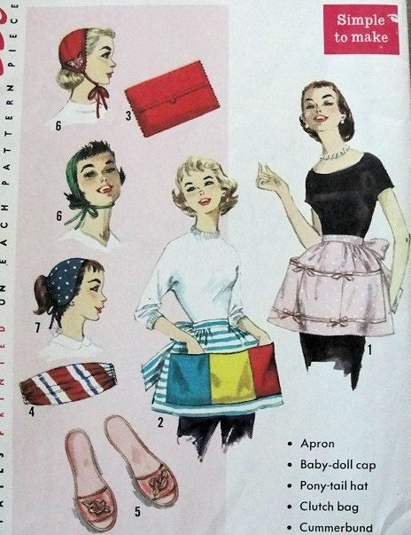 1950s ACCESSORIES PATTERN PONY TAIL HAT, BABY DOLL CAP, CLUTCH BAG, CUMMERBUND, SLIPPERS, APRON SIMPLICITY 1810