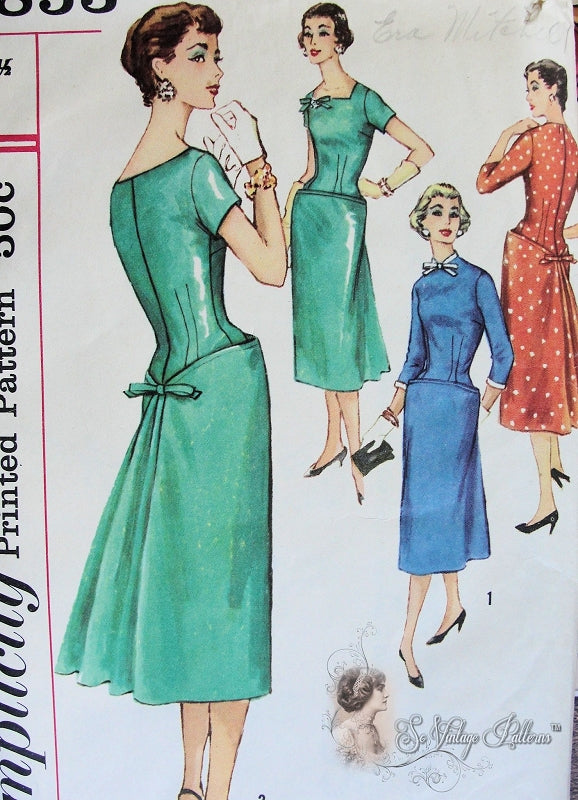 1950s Enticing Cocktail Dinner Dress Pattern Slim Dress With Back Interest, Long Line Bodice, 2 Necklines Detachable Neck and Sleeve Trim Simplicity 1853 Vintage sewing Pattern Bust 35