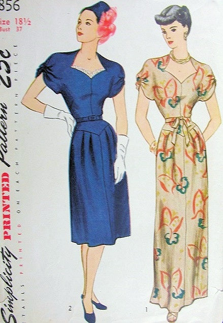 1940s EVENING DRESS PATTERN INTERESTING NECKLINE, SLEEVES SIMPLICITY 1856