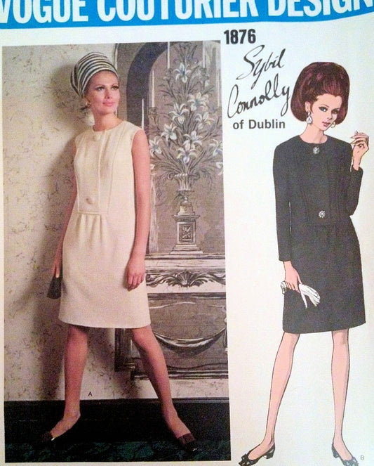 1960s SYBIL CONNOLLY Slim Dress Pattern Jewel Neckline Perfect Day or Cocktail After 5 Dress Vogue Couturier Design 1876 Vintage Sewing Pattern