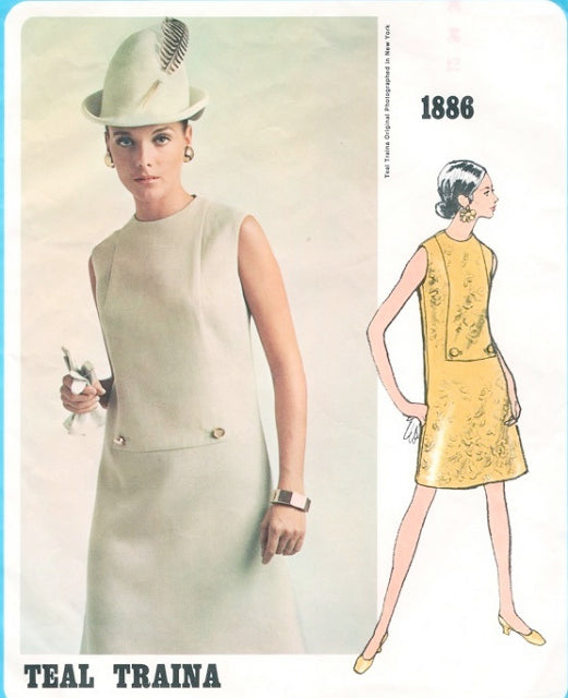 1960s MOD Teal Traina Designer Dress Pattern VOGUE Americana 1886 Stylish Loose Fitting a Line Dress Day or After 5, Jewel Neckline, Bust  32 Vintage Sewing Pattern FACTORY FOLDED