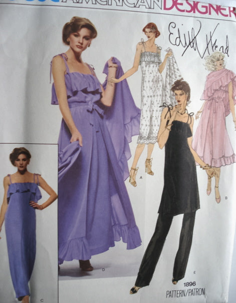 Vintage EDITH HEAD Evening Pattern VOGUE AMERICAN DESIGN 1896 Evening Length or Cocktail Party Dress, Tunic ,Overskirt,Pants and Shawl Size 6 Vintage Sewing Pattern