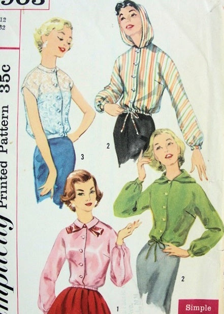 1950s EASY TO MAKE Blouse Pattern  SIMPLICITY 1903 Three Style Versions, Includes Attached Hood Version, Bust 32 Vintage Sewing Pattern