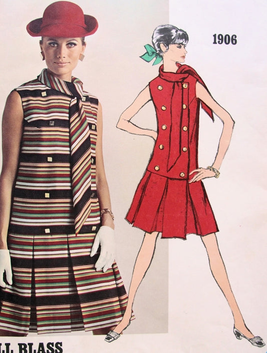 1960s BILL BLASS DROP WAIST DRESS PATTERN VOGUE AMERICANA 1906 DOUBLE BREASTED BOX PLEATED SKIRT FF UNCUT