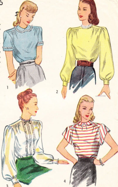 1940s PRETTY Blouse Pattern SIMPLICITY 1906 Four Button Back Styles,  Lovely Day and Evening Blouses, Bust 32 Vintage Sewing Pattern