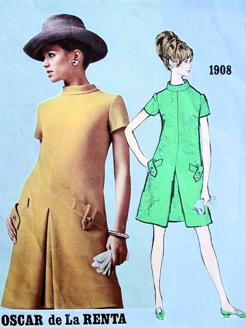 1960s OSCAR de La RENTA Dress Pattern VOGUE Americana 1908 Front Inverted Pleat, Stand Up Collar , Interesting Pocket Details Size 8 Vintage Sewing Pattern