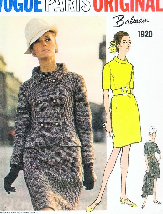 1960s STYLISH Balmain Dress and Jacket Pattern VOGUE Paris Original 1920 Semi Fitted Jacket Slim Straight Classic Dress Bust 38 Vintage Sewing Pattern