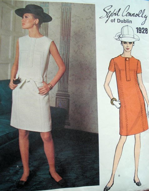 1960s SYBIL CONNOLLY Slim Dress Pattern VOGUE COUTURIER Design1928, Classy Shift Style Day or After 5 Bust 36 Vintage Couture Sewing Pattern