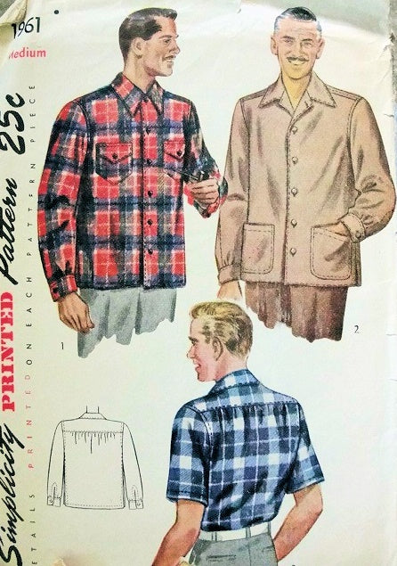 1940s Mens Shirt Pattern CLARK GABLE Style Lumber Outdoorsman Lumber Jack Jacket 2 Styles Over Shirt or Tuck In Simplicity 1961 Three Sizes Available Vintage Sewing Pattern