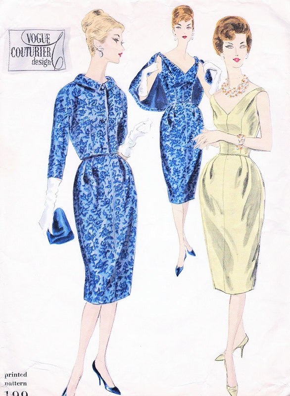 Late 50s Entrance Making Cocktail Evening Dress Pattern Striking Low V Necklines, Almost Off Shoulders, Figure Flattering Slim Bell Shape Skirt, Short Fitted Dinner Jacket Vogue Couturier Design 199 Vintage sewing Pattern Sew In Label FACTORY FOLDED Bust
