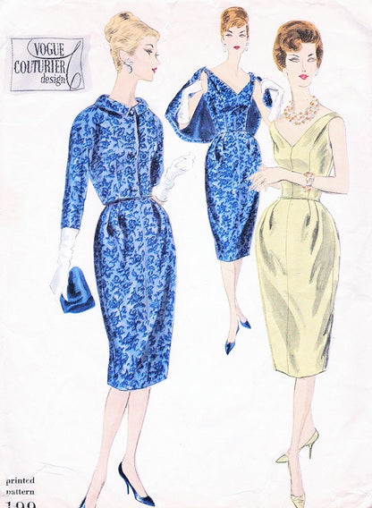 1950s CLASSY Cocktail Dress and Jacket Pattern VOGUE COUTURIER Design 199 Low V Neckline Bell Shape Skirted Evening Dress Bust 34 Vintage Sewing Pattern +Label