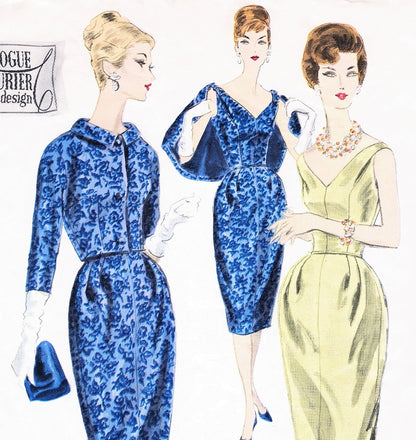 Late 50s Entrance Making Cocktail Evening Dress Pattern Striking Low V Necklines, Almost Off Shoulders, Figure Flattering Slim Bell Shape Skirt, Short Fitted Dinner Jacket Vogue Couturier Design 199 Vintage sewing Pattern Sew In Label FACTORY FOLDED Bust
