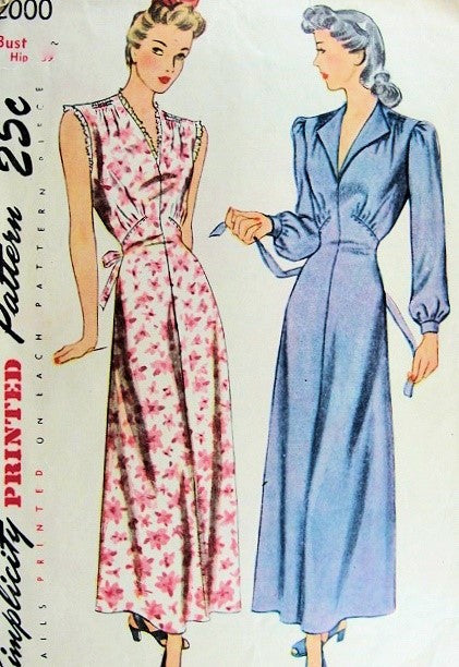 1940s LOVELY Nightgown Pattern SIMPLICITY 2000 V Necklines 2 Style Versions Bust 34 Lingerie Vintage Sewing Pattern