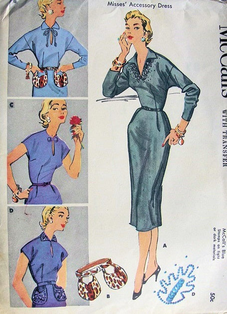 1950s FABULOUS Accessory Slim Dress Pattern McCALLs 2006 Four Lovely Necklines includes Keyhole, Double Pockets & Embroidery Transfer, Bust 30 Vintage Sewing Pattern FF