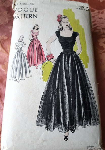 Early 40s BEAUTIFUL Evening Gown Pattern VOGUE 5003 Dreamy Full Skirt Gown, Low Shaped Neckline, Camisole Top, Bust 32 Vintage Sewing Pattern