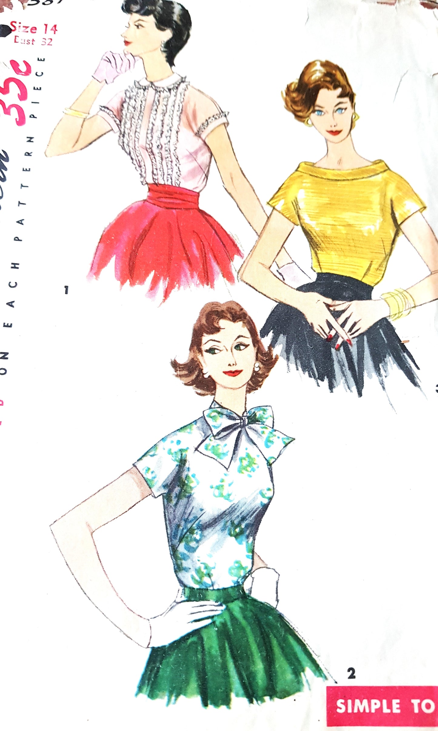 1950s PRETTY Set of Blouses Pattern SIMPLICITY 1587 Three Style Versions, Bust 32 Simple To Make, Vintage Sewing Pattern