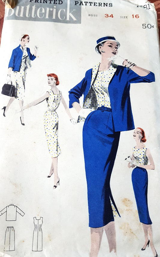 1950s CLASSY Slim Dress, Jacket and Skirt Pattern BUTTERICK 7581 Willowy Slim Sheath Dress, Box Jacket and Slim Skirt Bust 34 Vintage Sewing Pattern