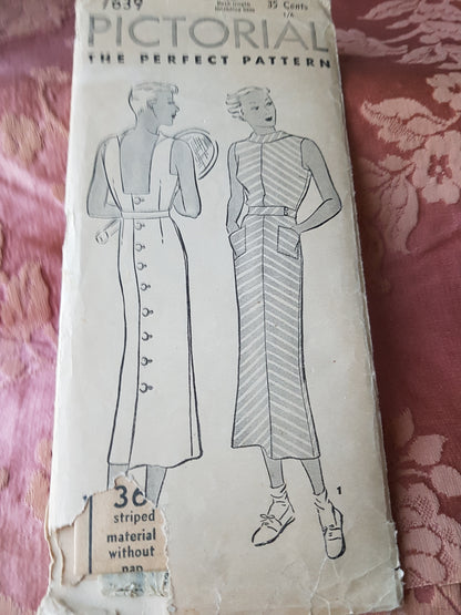 Late 1920s STUNNING Button Back Dress Pattern PICTORIAL 7639 Art Deco Slim Dress,Low Sun Back, Bust 34 Vintage Sewing Pattern FF