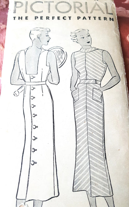 Late 1920s STUNNING Button Back Dress Pattern PICTORIAL 7639 Art Deco Slim Dress,Low Sun Back, Bust 34 Vintage Sewing Pattern FF