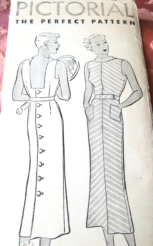 Late 1920s STUNNING Button Back Dress Pattern PICTORIAL 7639 Art Deco Slim Dress,Low Sun Back, Bust 34 Vintage Sewing Pattern FF