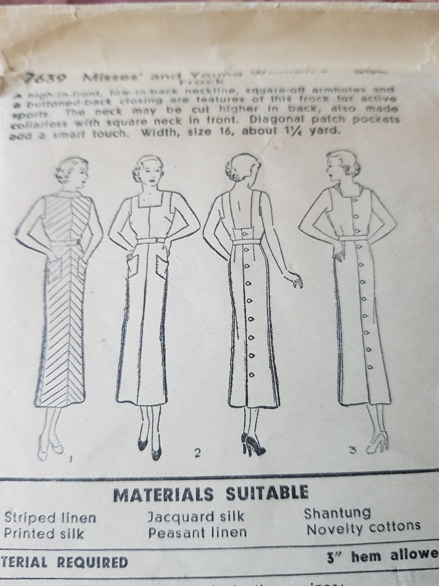 Late 1920s STUNNING Button Back Dress Pattern PICTORIAL 7639 Art Deco Slim Dress,Low Sun Back, Bust 34 Vintage Sewing Pattern FF