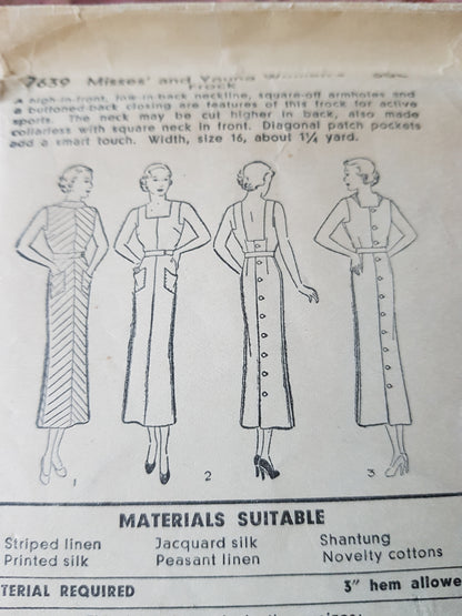 Late 1920s STUNNING Button Back Dress Pattern PICTORIAL 7639 Art Deco Slim Dress,Low Sun Back, Bust 34 Vintage Sewing Pattern FF