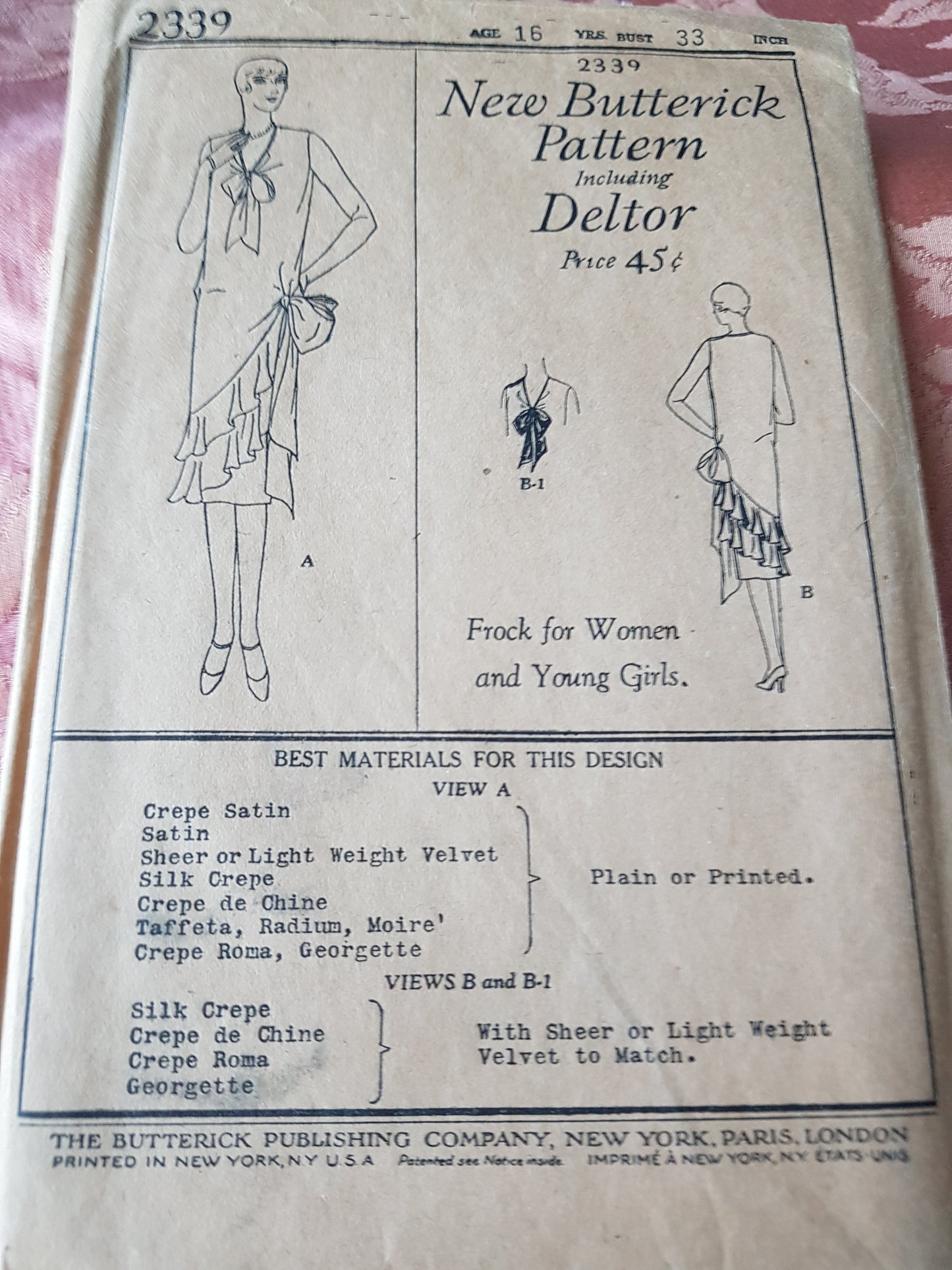 1920s FLAPPER Era Dress Pattern BUTTERICK 2339 Beautiful Party Dress Bust 33 Vintage Sewing Pattern