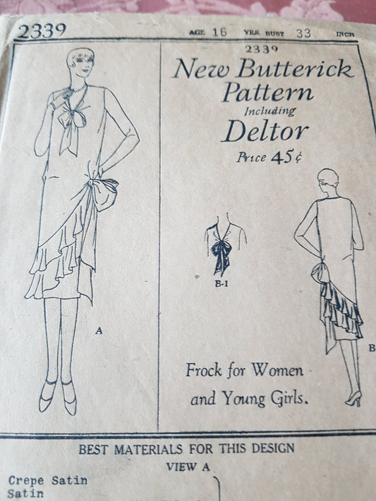 1920s FLAPPER Era Dress Pattern BUTTERICK 2339 Beautiful Party Dress Bust 33 Vintage Sewing Pattern