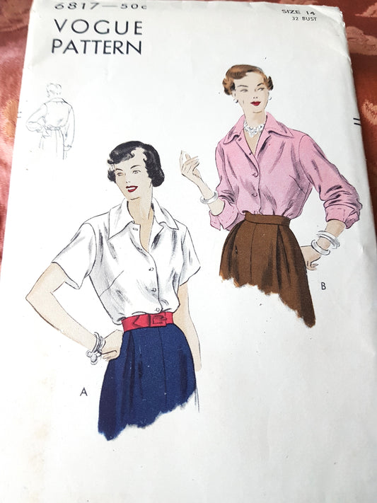 1950s CLASSY Blouse Pattern VOGUE 6817 Two Style Versions, Tuck In Blouse, Bust 32 Vintage Sewing Pattern