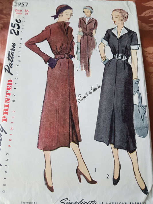 Late 1940s CHIC Dress Pattern SIMPLICITY 2957 Couturier Details, Detachable Collar,Cuffs and Dickey, Bust 34 Vintage Sewing Pattern FF