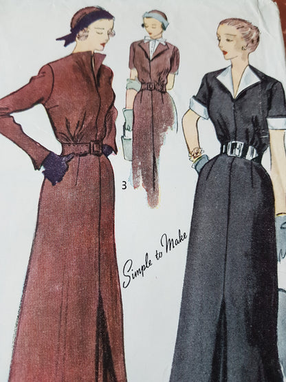 Late 1940s CHIC Dress Pattern SIMPLICITY 2957 Couturier Details, Detachable Collar,Cuffs and Dickey, Bust 34 Vintage Sewing Pattern FF